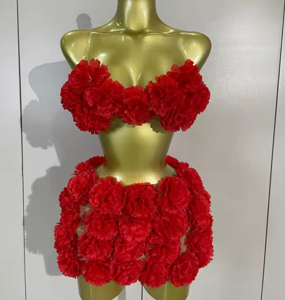 Women Sexy Red Sleeveless Floral Chain Open Back Two Piece Skirt Set