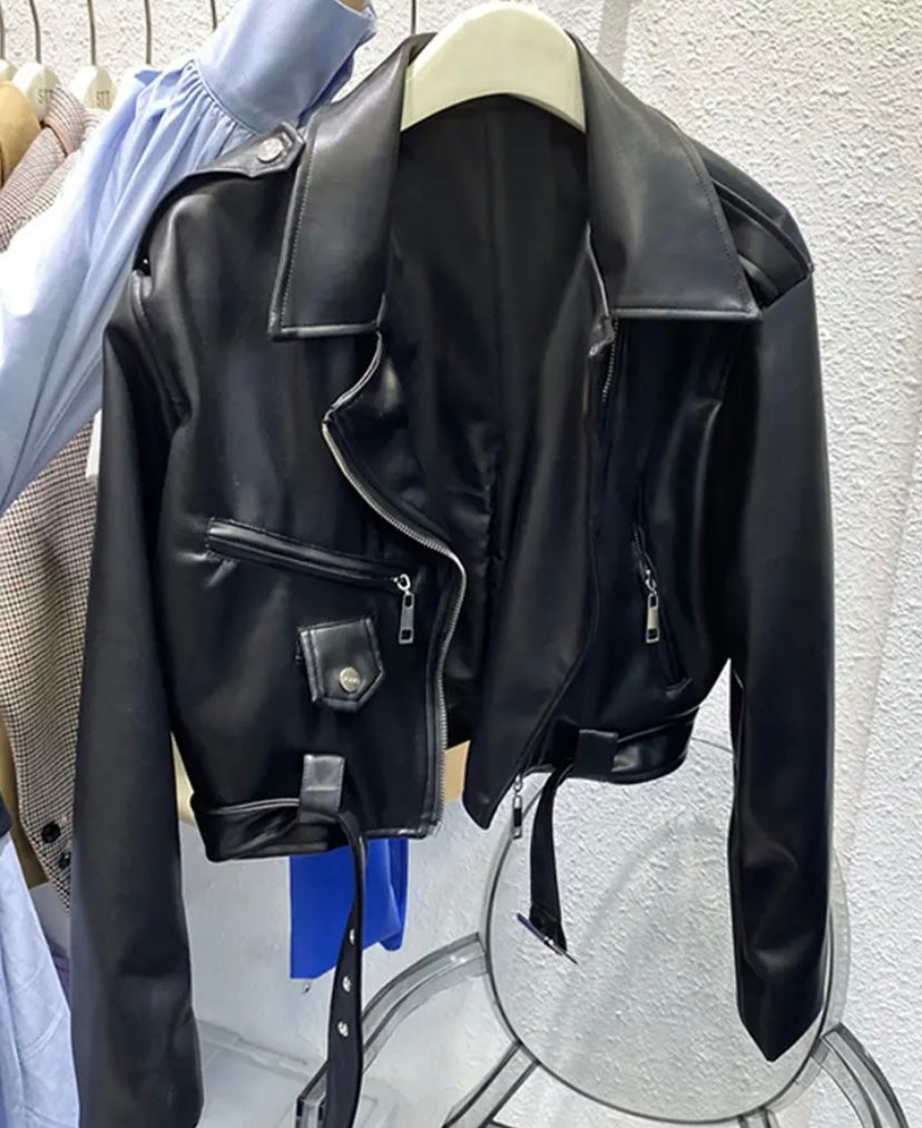Women Color Fashion Faux Leather Zip Up Jacket