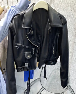 Women Color Fashion Faux Leather Zip Up Jacket