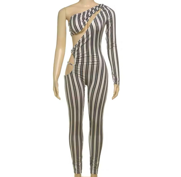 Women Sexy Striped One Shoulder Full Sleeve Cut Out Jumpsuit