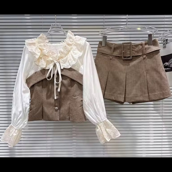 Women Ruffled Plaid Full Sleeve Two Piece Wrap Short Set