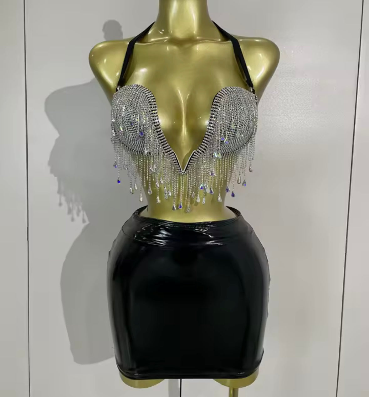 Women Rhinestone Tassel Halter Sleeveless Two Piece PU Skirt Set