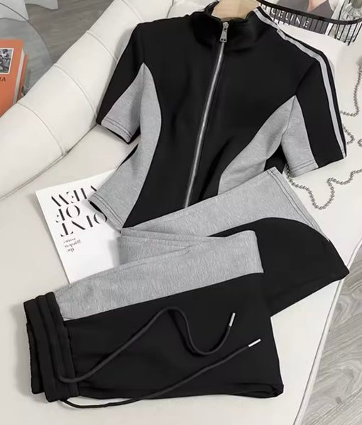 Women Fashion Color Patchwork Short Sleeve Tracksuit Two Piece Pant Set