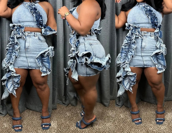 Women Sexy Sleeveless Ruffled Denim Two Piece Skirt Set