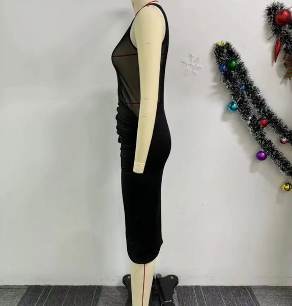 Women Black Sexy Sleeveless Mesh Patchwork Dress