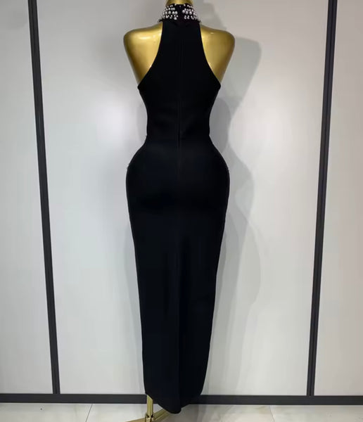 Women Sleeveless Rhinestone Pearl Black Sexy Maxi Dress