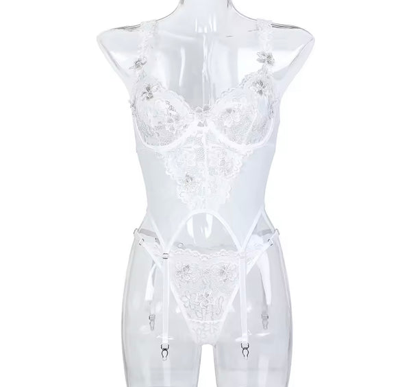 Women White Sexy Lace Mesh Lingerie Set
