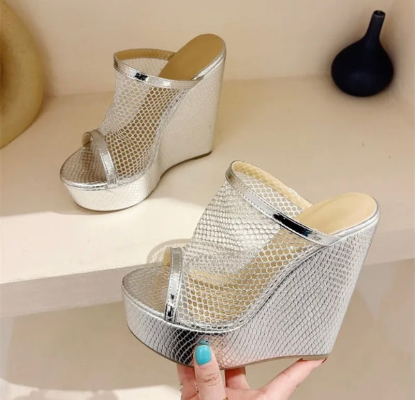 Women Fashion PU Mesh Platform Slide On Sandals