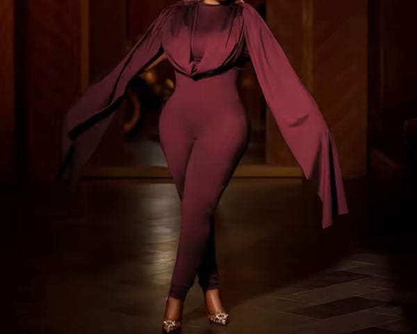 Women Fashion Draped Full Batwing Sleeve Jumpsuit