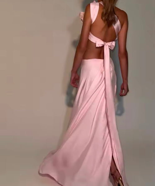 Women Sexy Floral Sleeveless Two Piece Side Split Skirt Set