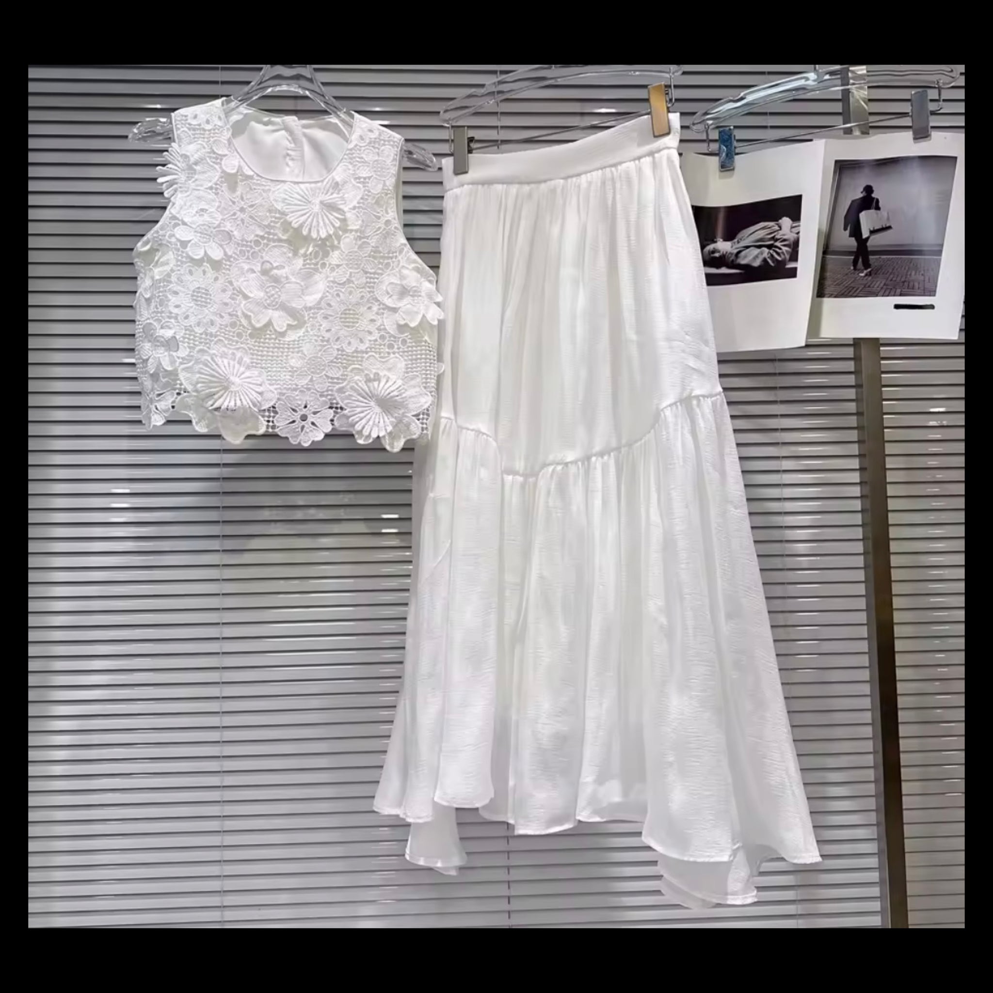 Women White Sleeveless Floral Two Piece Maxi Skirt Set