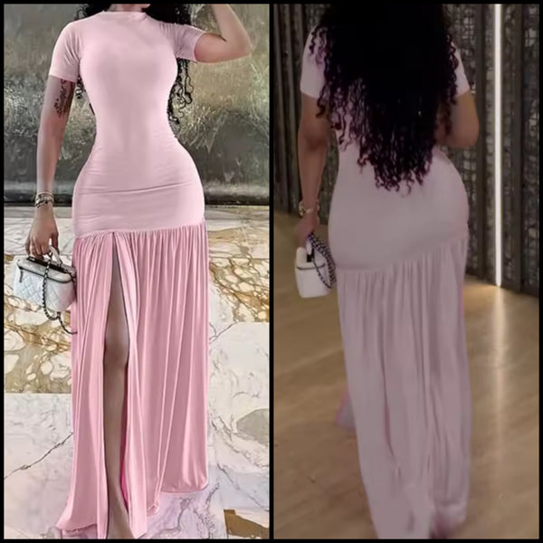 Women Sexy Pink Short Sleeve Pleated Maxi Dress