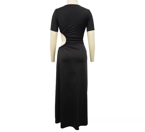 Women Sexy Solid Color Short Sleeve Cut Out Side Split Maxi Dress