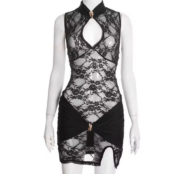 Women Sexy Sleeveless Lace Wrap Ruched Dress