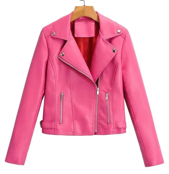 Women Fashion Zipper Color Faux Leather Jacket