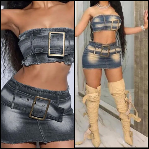 Women Sexy Buckled Strapless Two Piece Skirt Set