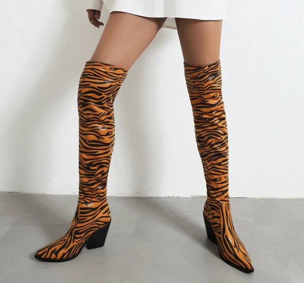 Women Faux Leather Zebra Print Western Boots