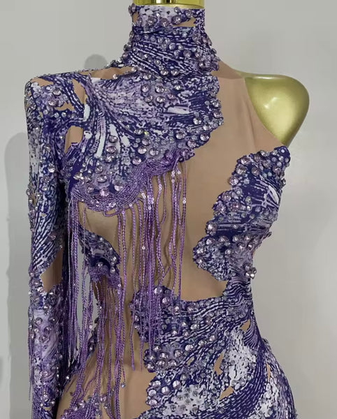 Women Sexy Purple One Shoulder Rhinestone Mesh Tassel Dress