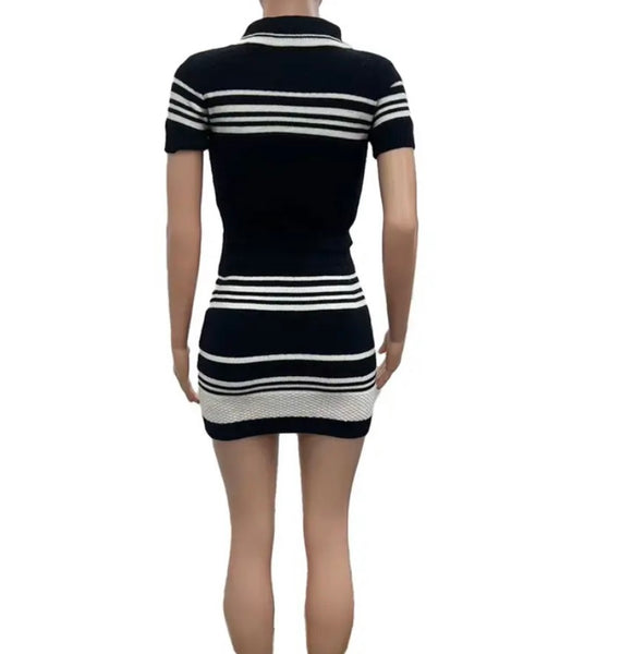 Women Sexy Short Sleeve B&W Striped Two Piece Skirt Set