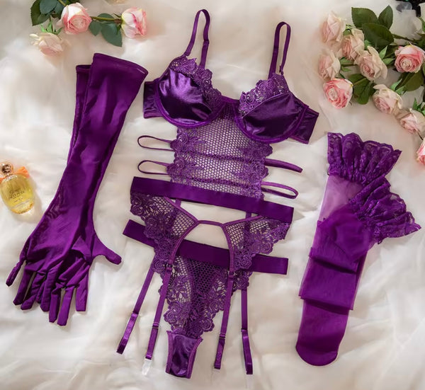 Women Sexy Purple Mesh G-String Lingerie Set