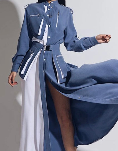 Women Sexy Color Patchwork Button Up Full Sleeve Maxi Dress