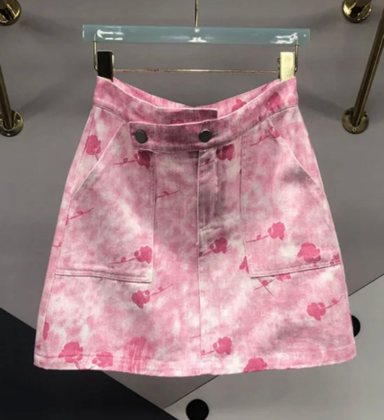 Women Sexy Fashion Pink Printed Denim Skirt