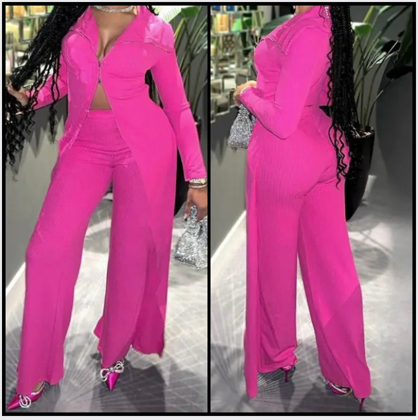 Women Sexy Pink Full Sleeve Zip Up Asymmetrical Two Piece Pant Set