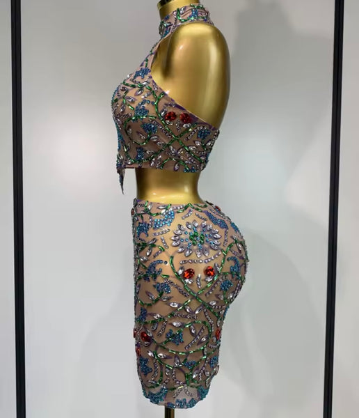 Women Sexy Halter Sleeveless Color Crystal Mesh Two Piece Skirt Set