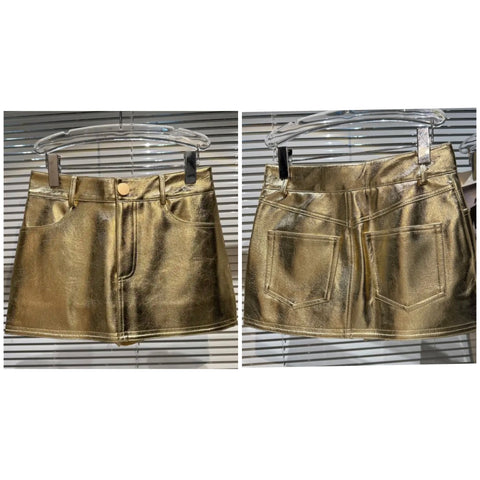 Women Gold Fashion Faux Leather Skirt