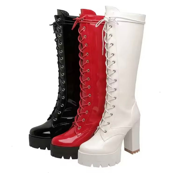 Women Fashion Patent Leather Lace Up Platform High Heel Boots