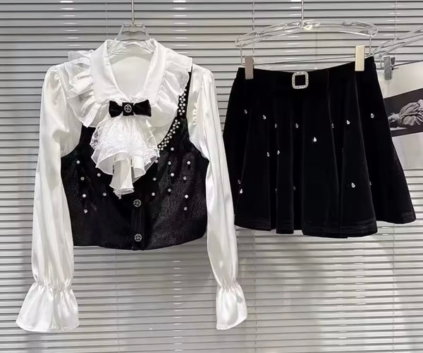 Women B&W Ruffled Bow Full Sleeve Rhinestone Suede Three Piece Skirt Set