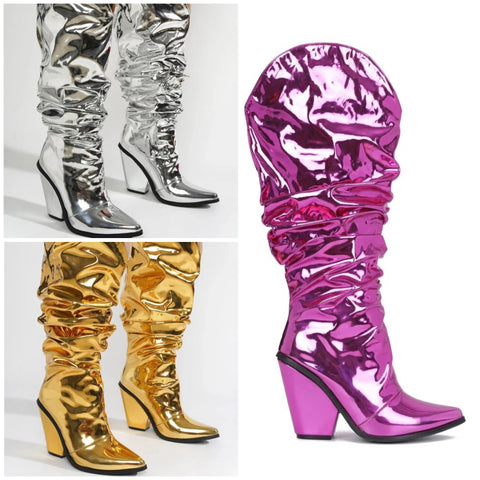 Women Fashion Color Mirror Ruched Knee High Western Boots