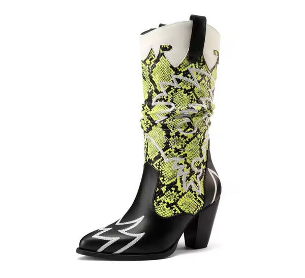 Women Fashion Color Animal Print Faux Leather Western Boots