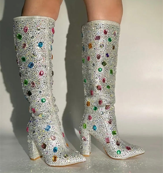 Women Fashion Silver Colorful Gem Ankle/Knee High Boots