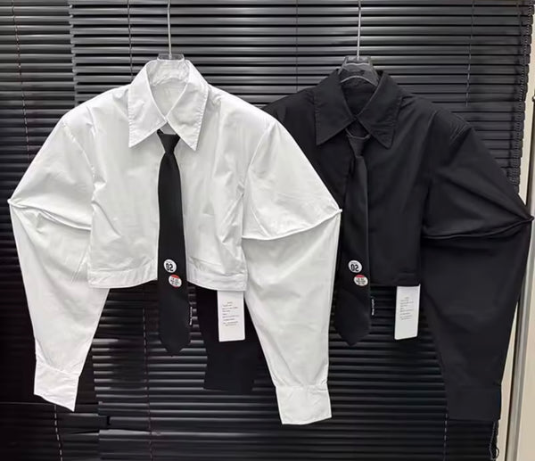 Women Fashion Black/White Tie Full Sleeve Crop Top