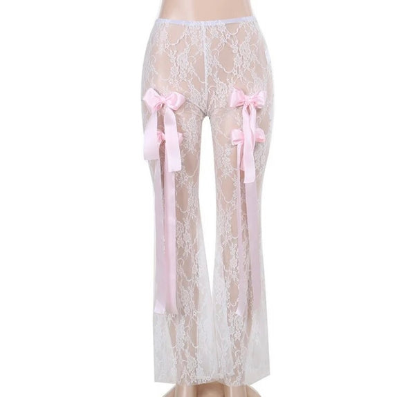 Women Sexy Fashion White Pink Bow Lace Pants