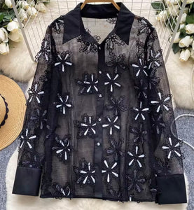 Women Fashion Floral See Through Button Up Full Sleeve Top