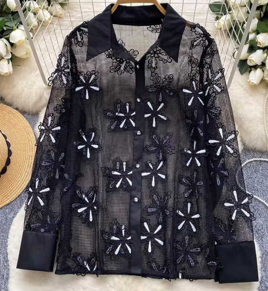 Women Fashion Floral See Through Button Up Full Sleeve Top