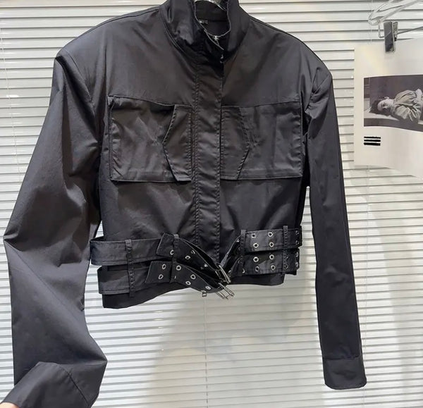 Women Fashion Solid Color Pocket Buckled Jacket