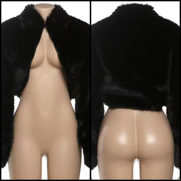 Women Black Fashion Faux Fur Crop Jacket
