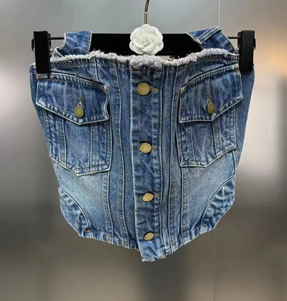 Women Sexy Fashion Button Up Crop Two Piece Denim Pant Set