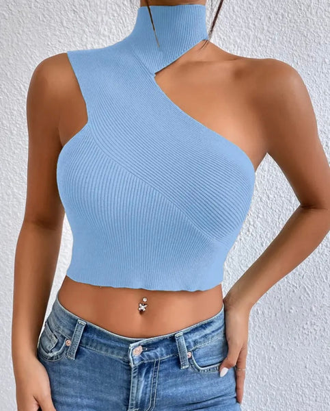 Women Sexy Ribbed One Shoulder Sleeveless Crop Top
