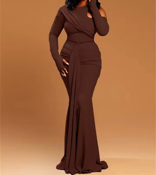 Women Sexy Ruched Tassel Full Sleeve Maxi Dress