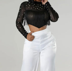 Women Pearl Tassel Mesh Full Sleeve Fashion Crop Top