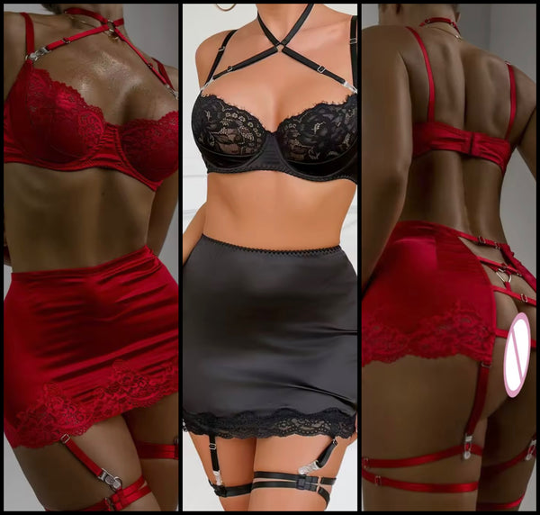 Women Sexy Satin Lace Cut Out Lingerie Set