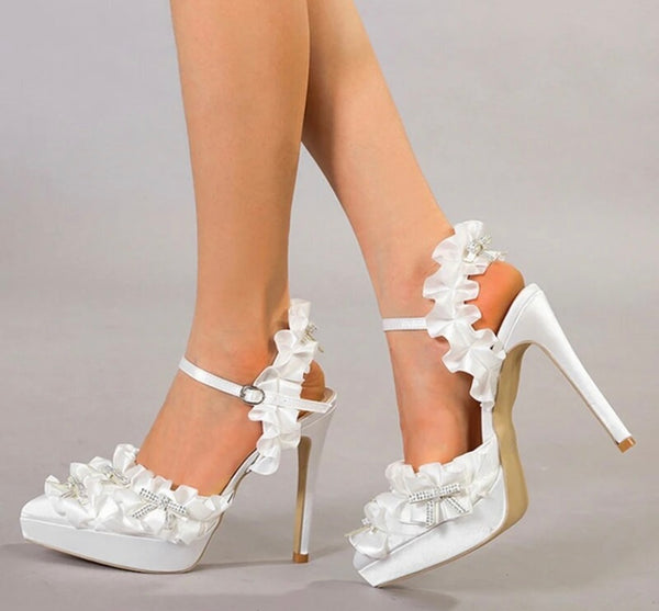 Women Fashion Ruffled Bling Bow Ankle Strap High Heels