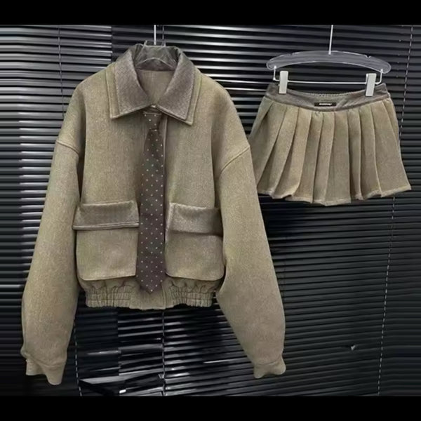 Women Fashion Tie Leather Patchwork Pleated Two Piece Skirt Set