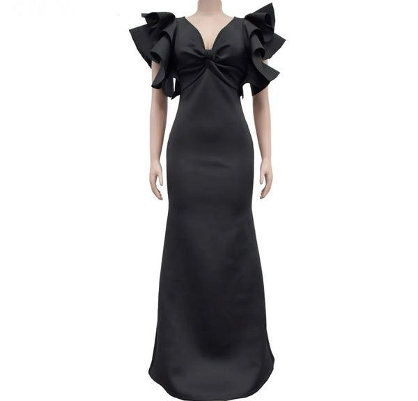 Women Sexy Color Ruffled Short Sleeve Maxi Dress