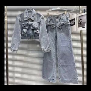 Women Fashion Blue Bow Denim Jacket Two Piece Pant Set