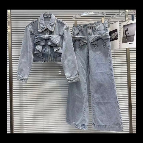 Women Fashion Blue Bow Denim Jacket Two Piece Pant Set
